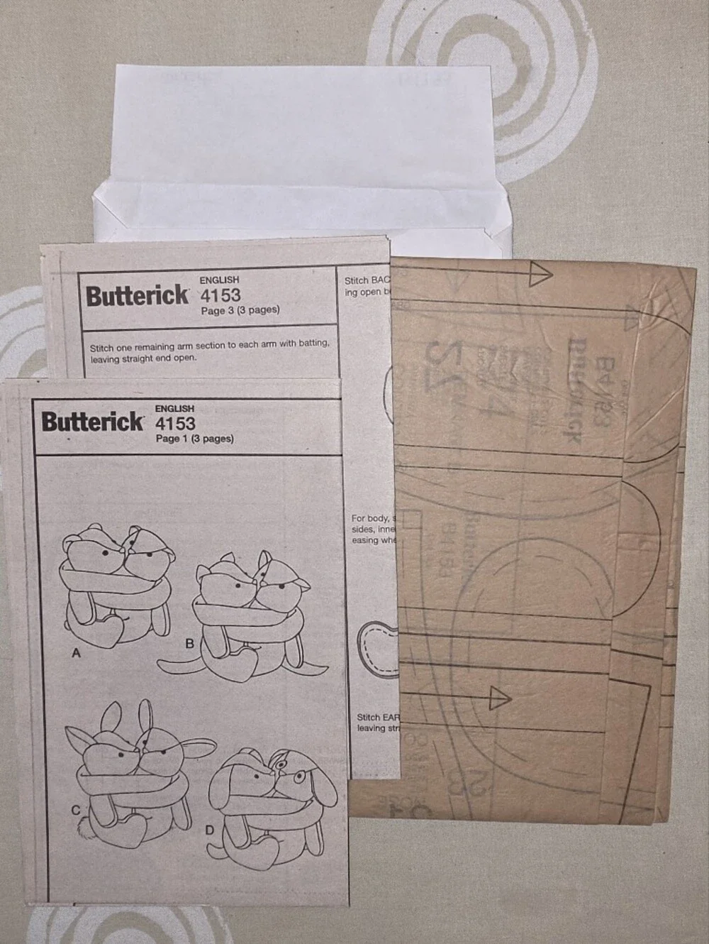Sewing Pattern #B4153 Butterick Multi-Color Bears Kittens Bunnies & Puppies OS